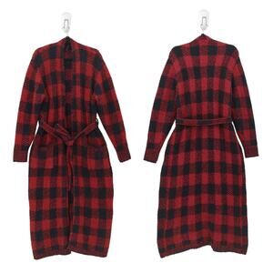 Skims Unisex S M Cozy Knit Robe Brick Red Black Buffalo Check Plush Polyester